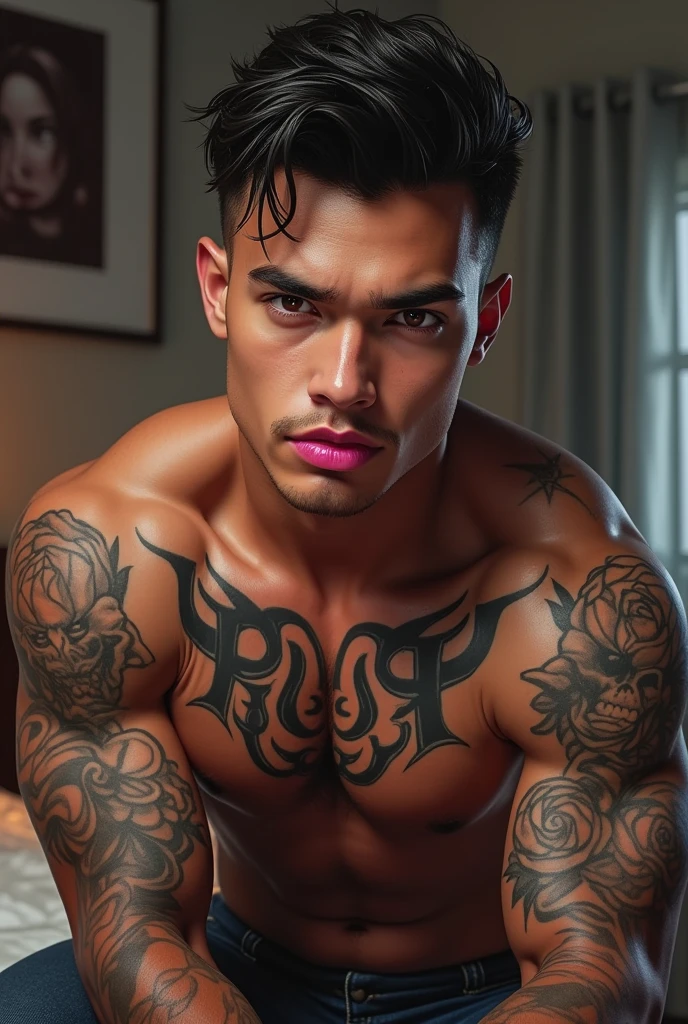 a young man AI high quality muscular tattoo with name “ruy” tanned skin piercing gaze pink mouth with realistic animated bedroom background