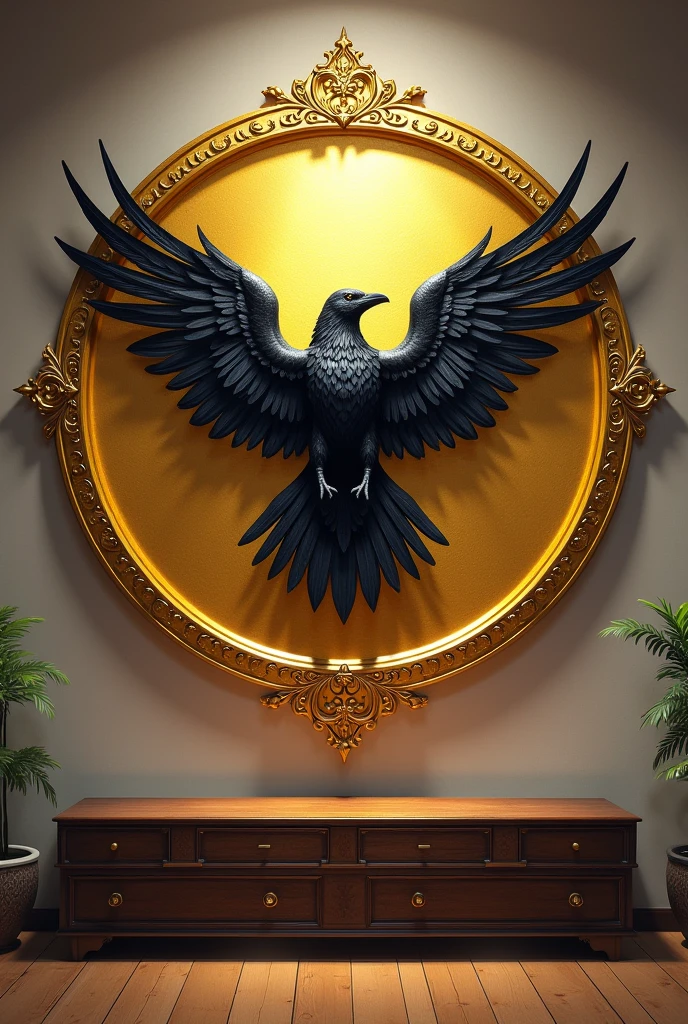 Family coat of arms displayed on the wall, a raven with open wings, on a round golden background, fan art