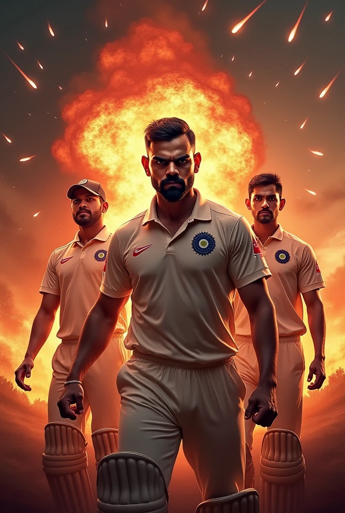 VIRAT KOHLI IN VERY aggresive mood meteors falling in the background and so many volcanos are blasting in aggression of virat kohli and rohit on his left and dhoni on his right