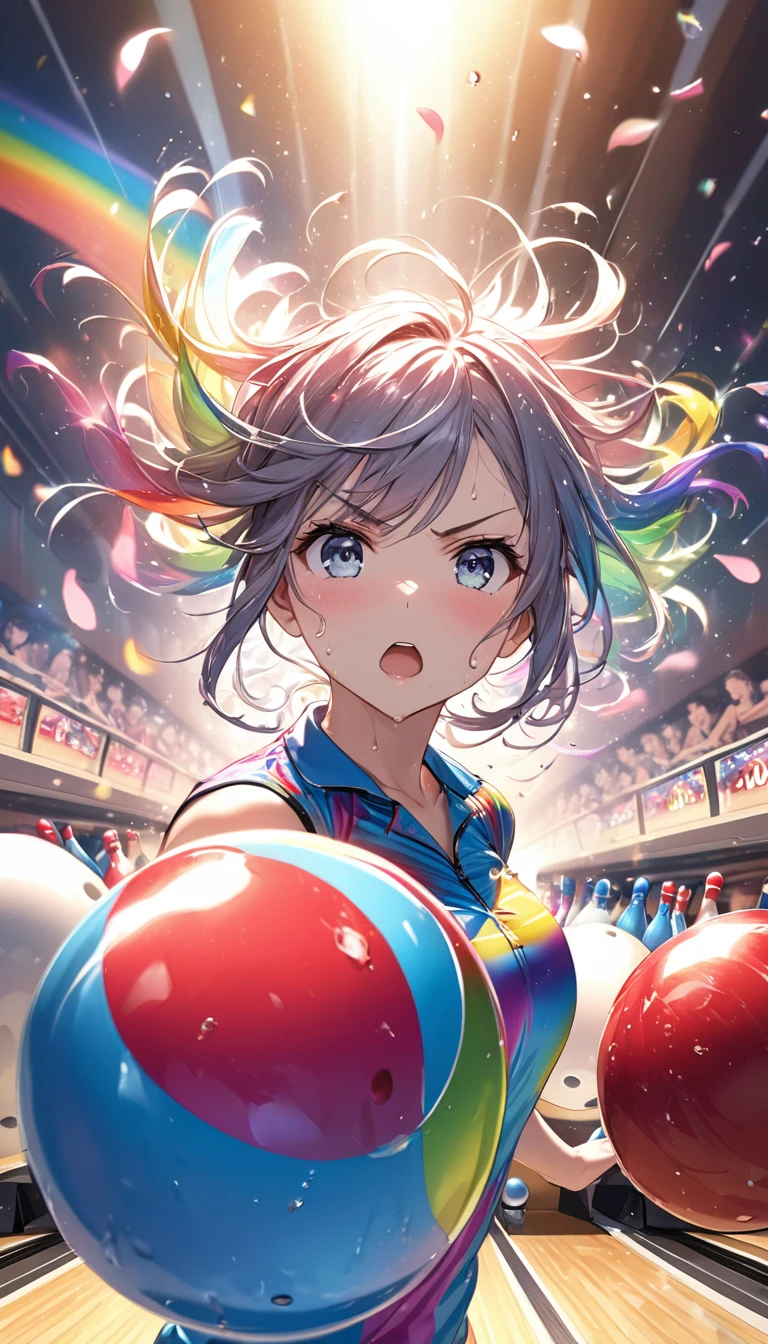 (Sports magazine cover photo), Highest quality, Great quality, 16K, Unbelievably absurd, Very detailed, delicate and dynamic, Natural light, The particles reflect light, Diffuse reflection of light, Many rainbow-colored petals fall, Beautiful hall, Sparkling Sun, Diffuse reflection of light, Create amazing image effects, , Wet, sweating, Bowling, Spare, Strike pins, Throwing Ball, (Cute sexy girl, big bouncing busts, Sensual expression, Cool girl, Serious, passion, Dynamic, Flashy bowling wear, ,audience , much-air-laden cheer)