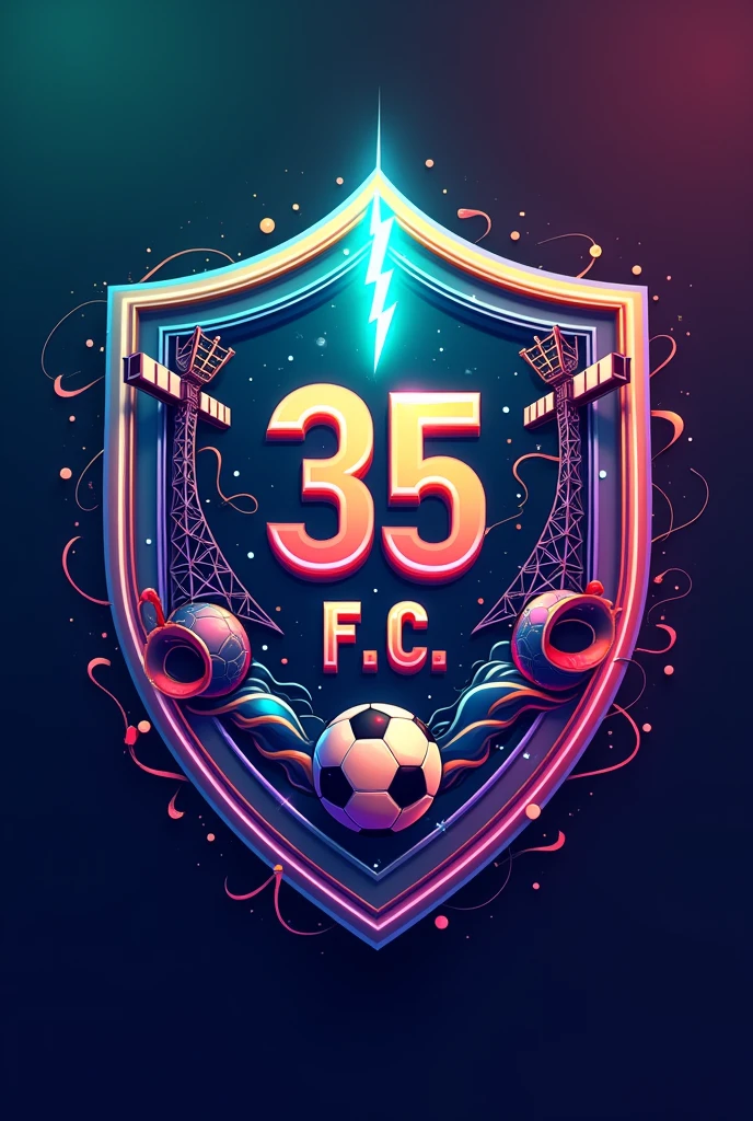 crea un escudo de futbol soccer a colores que se llame 35 F.c. containing images of Satellite Antennas with a soccer ball and an electric ray.