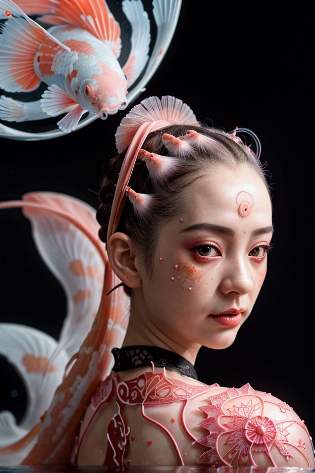 photo RAW, (Black, dark red and neon pink : Portrait of 2 ghostly long tailed white koi, woman, shiny aura, highly detailed, red filigree, intricate motifs, organic tracery, Januz Miralles, Hikari Shimoda, glowing stardust by W. Zelmer, perfect composition, smooth, sharp focus, sparkling particles, lively coral reef background Realistic, realism, hd, 35mm photograph, 8k), masterpiece, award winning photography, natural light, perfect composition, high detail, hyper realistic