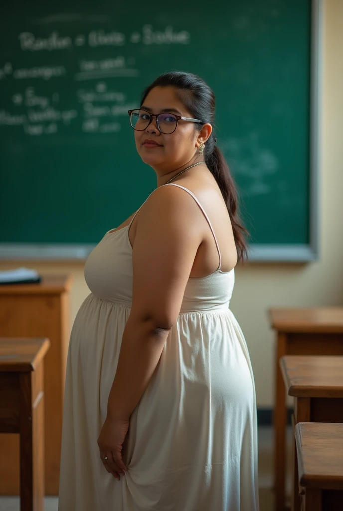a beautiful indonesian woman, chubby and plump, big belly, natural big breasts, wear dexy knee-lenght dress, glasses, tied hair, holding long pointer stick, seductive expression, sensual pose, stand in front of the green board that show biology subject in the classroom as background details, look at the viewer, natural light, realistic photography, wide angle full body shot , detailed facial features, photorealistic, high quality, 8k, masterpiece