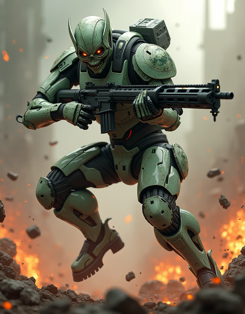 Create a character in a glossy green and white biomechanical mask resembling a skull, with dark eyes and intricate details. Holding a heavy rifle, he hovers above a chaotic battlefield with fiery jet-powered boots. Debris and biomechanical elements blur into the background, emphasizing the intense atmosphere and the character’s readiness.