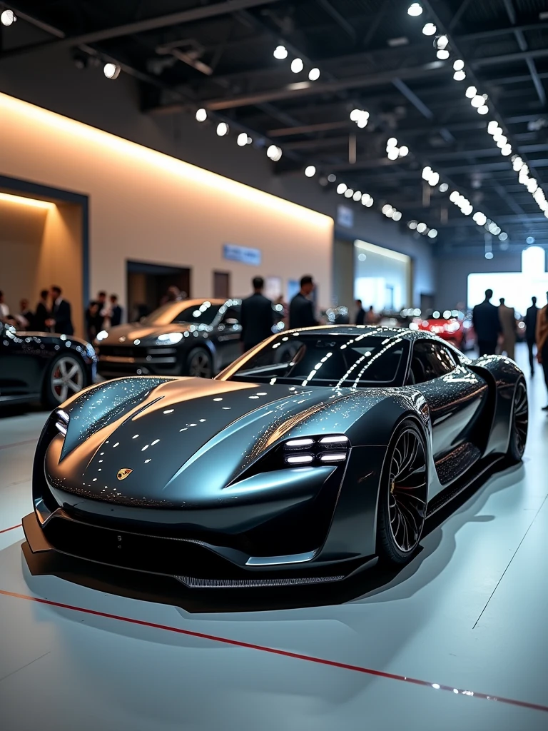 Porsche concept car in auto expo, include hyper realism, hd, 4k.