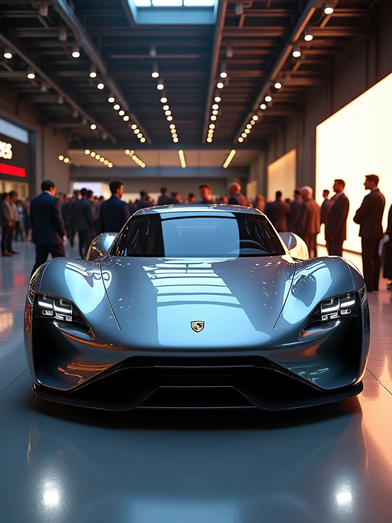 Porsche concept car in auto expo, include hyper realism, hd, 4k.