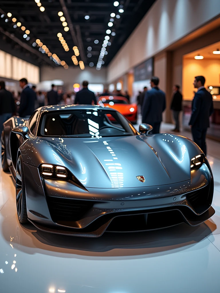 Porsche concept car in auto expo, include hyper realism, hd, 4k.