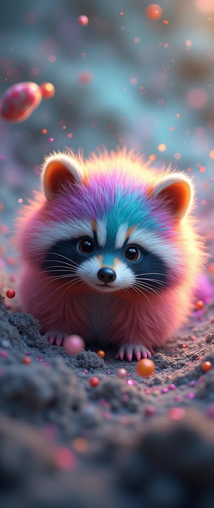 A captivating photograph of a cute extra fluffy baby realistic raccoon 3D render of a spherical creature with a vibrant rainbow surface, swirling in an chaotic annihilation vortex filled with millions of colorful particles. The creature's core is surrounded by a haze of gray mist that gives off a mystical and ethereal aura. The overall image exudes a sense of wonder and conceptual artistry, reflecting an imaginative and surreal environment., vibrant, photo, conceptual art, 3d render