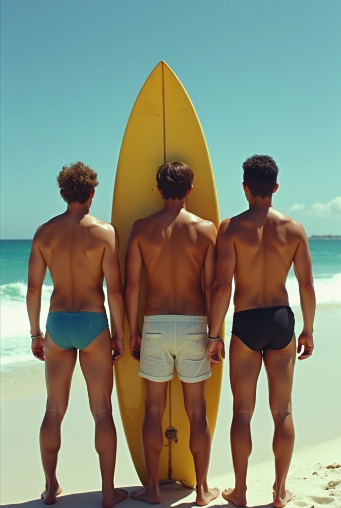 showing full body, showing knees, showing head,  super cute lean 18yo boy and muscular 19yo boy arms around  eachother, affectionate, happy, very young, fit , surfers , topless,  muscular,  both have very long hair, wearing very tiny g-string, underwear bulge,  white underwear