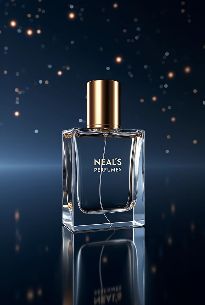 Square clear glass perfume bottle with logo Neal's Perfumes and cylindrical golden cap . The background is outerspace