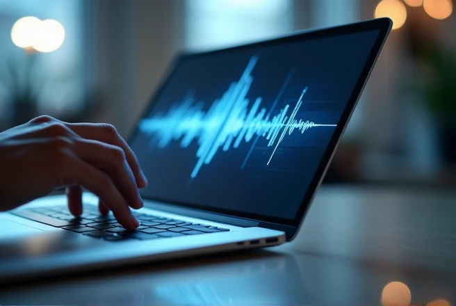 Generate a picture representing audio/video file transcription. Show an audio waveform on a notebook or laptop screen background. Add a typing gesture on top of the waveform. Use colors like blue, white, and gray. Make it look professional and modern.
And write a picture title ( audio video file transcription)