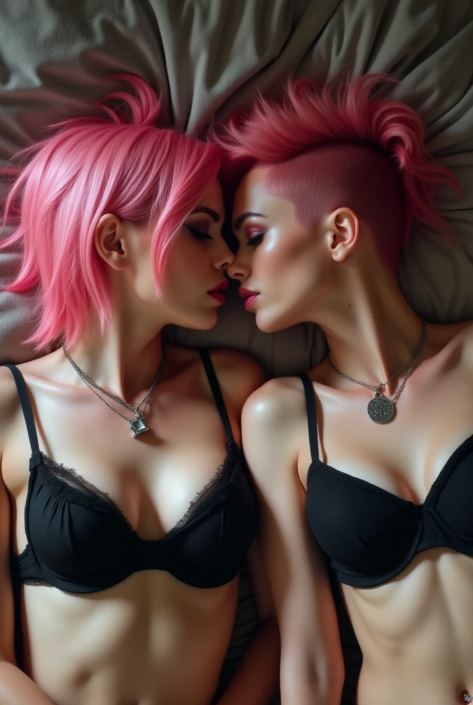 ((best quality)), ((masterpiece)), (detailed) punk girls laying in bed kissing. Sweaty. Pink hair. black bra. Close up