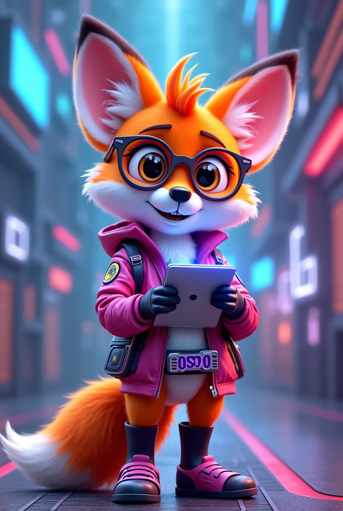 Section Mascot Creation "electronics"
Create a 3D Disney Pixar style fox named Techie the Fox. She must be curious and enthusiastic about technology., with a vibrant appearance:
colors: Orange and white with metallic or technological details in purple and pink.
Accessories: futuristic glasses, technological tool belt, and a tablet or remote control.
Expressions: Cheerful smile and bright eyes.
Activities and Poses:
Manipulating gadgets such as a tablet or electronic device.
Showing working gadgets like a computer or smartphone screen.
Giving tips on technology, pointing to a screen with tips or showing a device in use.
Interactivity on the Website:
Hover animations (wink, make a technological demonstration, ou girar um gadget).
Friendly messages and tips about electronics and technology.