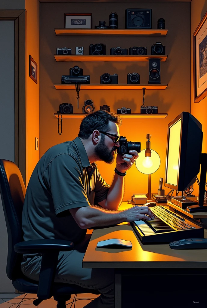 have一位 40 岁的摄影师，With a short beard,  short hair, (slightly overweight), wear glasses, Sitting at the table，Playing with the camera,, In his basement studio, have三脚架，have，Using the Camera, 柜子里have很多照相机，Popular on Art Station, Sitting at the table，In front of the keyboard, Play Techno House Music, Music playing, listen to music, Milton Caniff (Milton Caniff) Beautiful illustrations, Duotone, Two colors, Black and Orange, , , ink, masterpiece