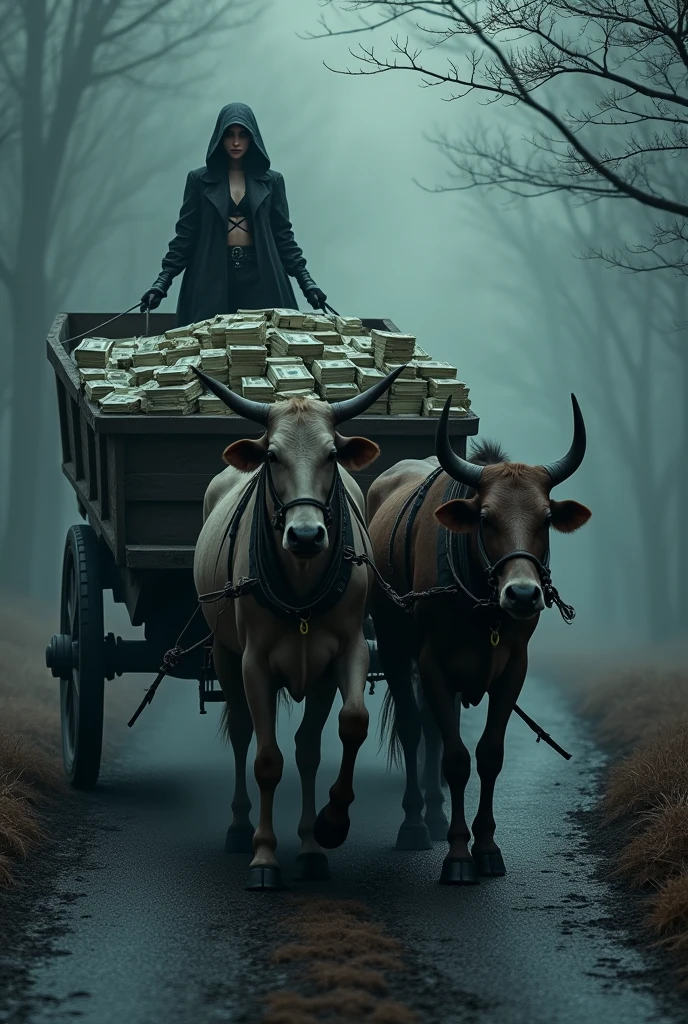 A cart filled with cash with two Ox walking on the black road And Control by a sexy lady wearing small Hoody