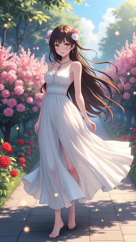 (masterpiece、Highest quality、8k、High resolution)、(One female、Beautiful Face、Beautiful eyes、Beautiful lips、Beautiful nose)、smile、The white upper teeth are faintly visible、Brown-black hair、(The best girl in anime)、garden、blue sky、Colorful flowers are blooming、Vibrant colors、Red roses are beautiful、(Body、whole bodyから神秘的な光の粒子、Colorful light particles、A mysterious light glowing around the head)、melt、jewelry、necklace、dress、(whole body)、Highly detailed anime art、A complete portrayal、