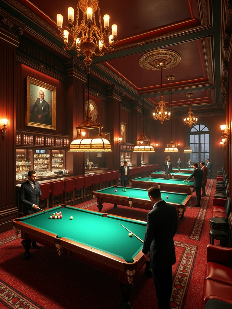 A billiard club having 5 billiard tables  and a small cafe bar inside, beautiful interior of clun