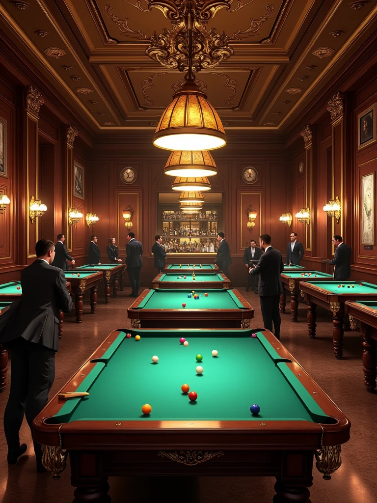 A billiard club having 5 billiard tables and a small cafe bar inside, beautiful interior of clun