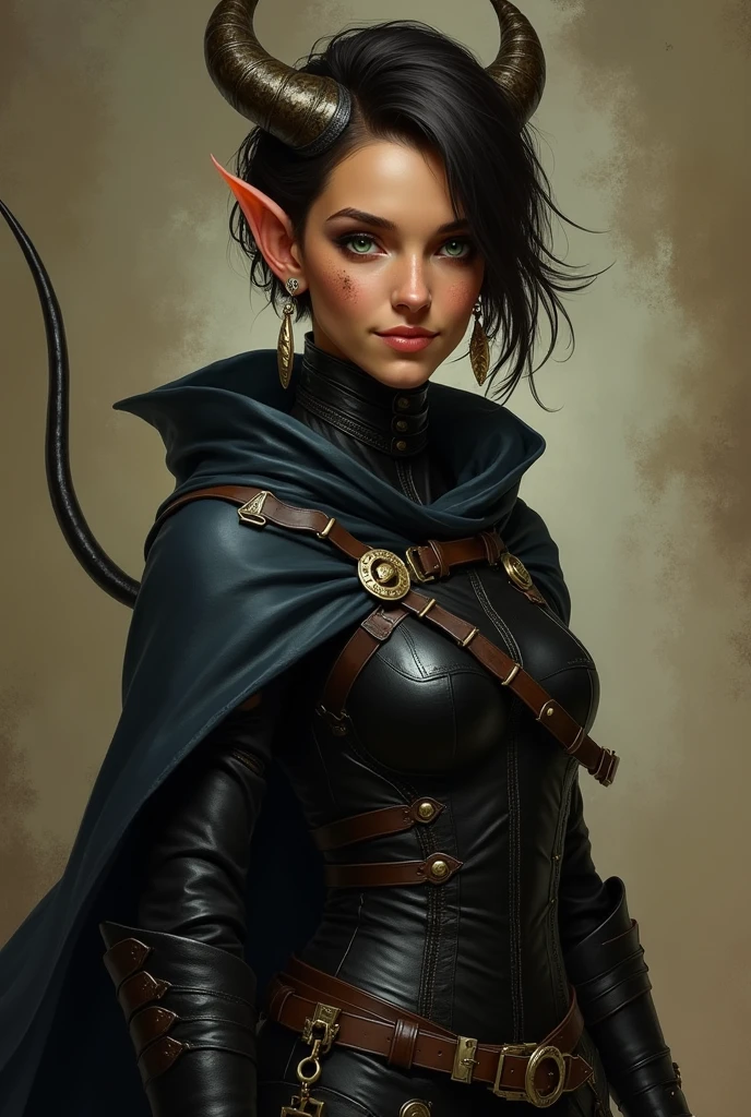 a female tan-skinned tiefling rogue, with a warm, shimmering tone that seems to capture the light subtly, accentuating his striking features. His eyes are a piercing green, with vertical pupils like those of a reptile, shining with cunning and a touch of mystery. When she smiles, what is rare, small fangs stand out, suggesting both charm and danger. your hair is short, smooth ass, cut shorter on the sides and a dark brown shade, almost black, that contrasts beautifully with your skin. Its horns are thin and elegant, bending back slightly, with a smooth texture and a subtle shine, almost as if they were carved from the finest ivory. The face is angular and graceful, with high cheekbones and a well-defined jawline. Her arched eyebrows give her a naturally intriguing expression., as if he were always about to discover or hide something. Small scars, almost imperceptible, mark her face She wears light, fitted clothes, made of black and flexible leather, designed for maximum mobility and silence. A dark cloak, almost indistinguishable in the shadows, wraps around your shoulders, your hands, thin and agile, are almost always covered by dark gloves that hide their sharp claws. no belt, carries a collection of well-balanced daggers and thieves&#39; tools, including hooks, master keys and poison vials. A discreet belt pouch keeps your valuables and secrets safe. a long, slender tail