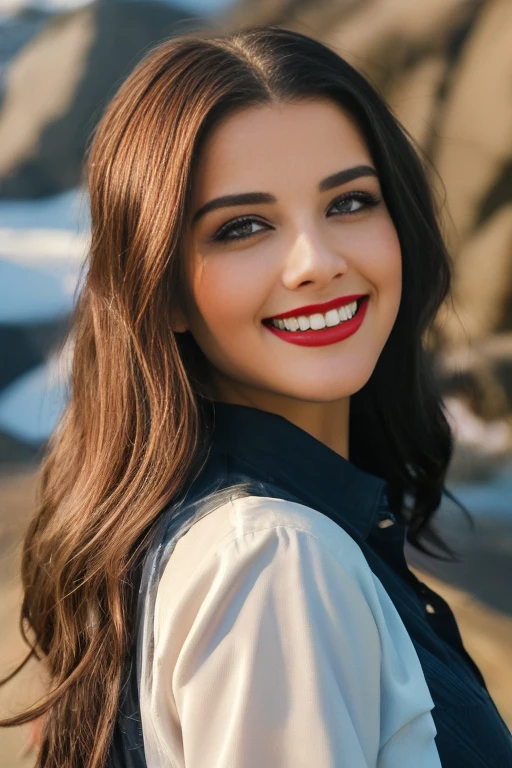 High resolution cinematic still, ((photorealistic)), (close up) masterpiece, High resolution, raw, (good:1.4 girl), (beautician, (red_lipstick):1.2, eyeliner, (shadow):1.2):1.3, rubio:1.3 (cropped pixie):1.3 hairs, attractive, beautiful, ((open mouth)), ((big smile)), ((language)), seductive:1.3 eyes, nice teeth, The rain:1.2 ((bloomed shirt):1.2), (low cut):1.2, (big tits):1.2, In a mountainous area full of icy rocks and snow., Clues, Cold, Pins, detailed, professional, 200mm lens, unreal engine, photorealistic, High Definition, 8k, Soft lighting, realistic texture, unreal engine, por Connor Hibbs