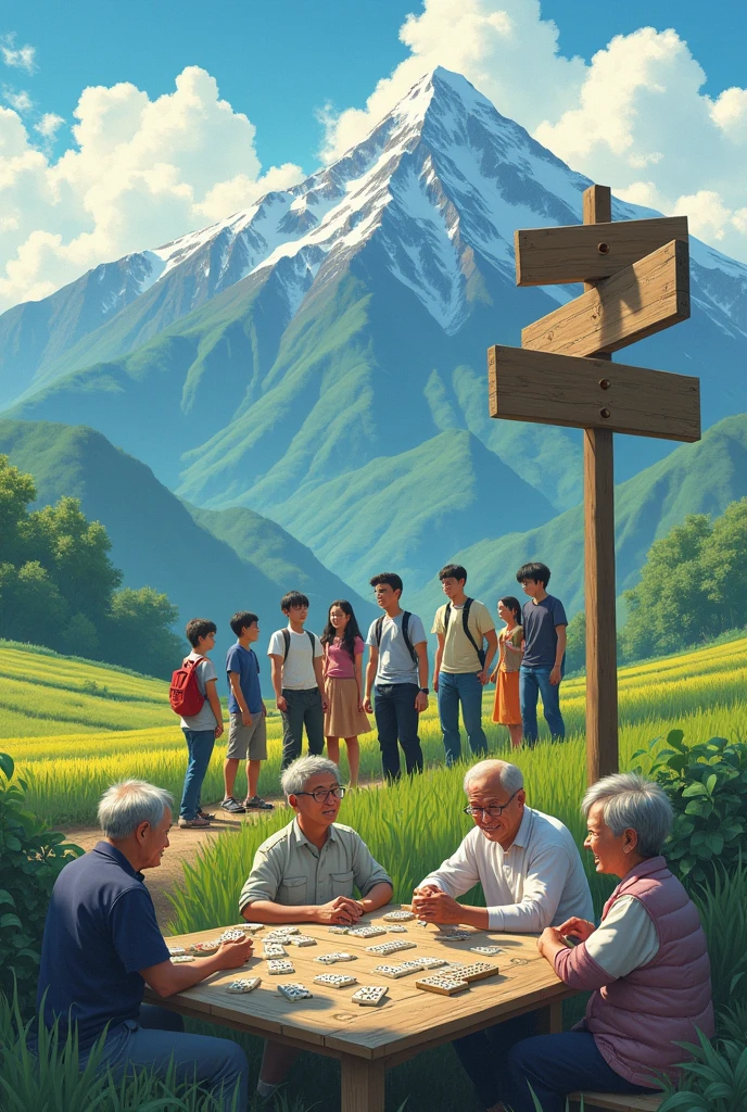 image of a group of city youth who want to go to the mountains, with a mountain backdrop, there is a destination signboard, and a post on the edge of the rice field filled with old people who are busy playing dominoes