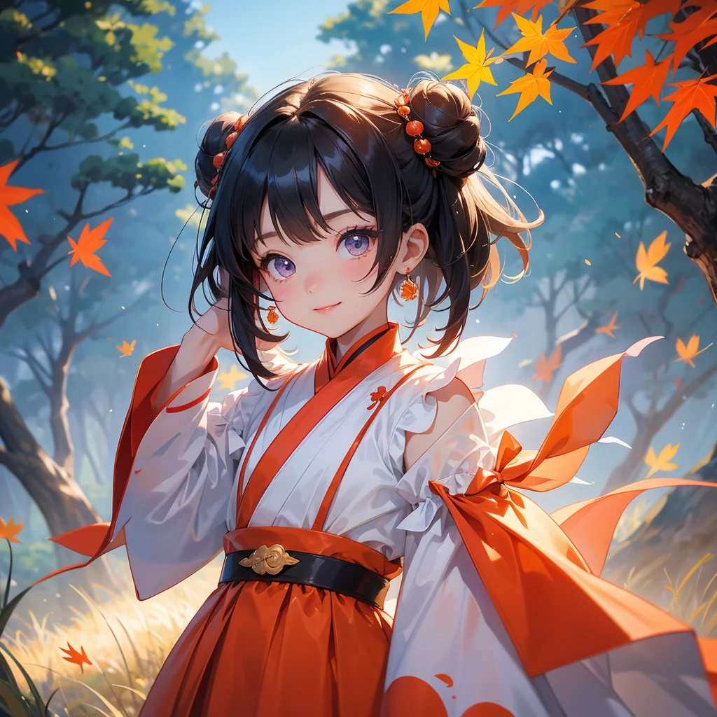 A chibi child girl had a small face and Wearing blue little Taoist priest's outfit. A pair of big round eyes shone with curiosity about him. This child was so cute, The backdrop is a mountain that turns orange-red in spring, and maple leaves fall from the trees.


her hair is black with two buns on her hair.small chibi, chibi baby, smiling ,Chibi.

