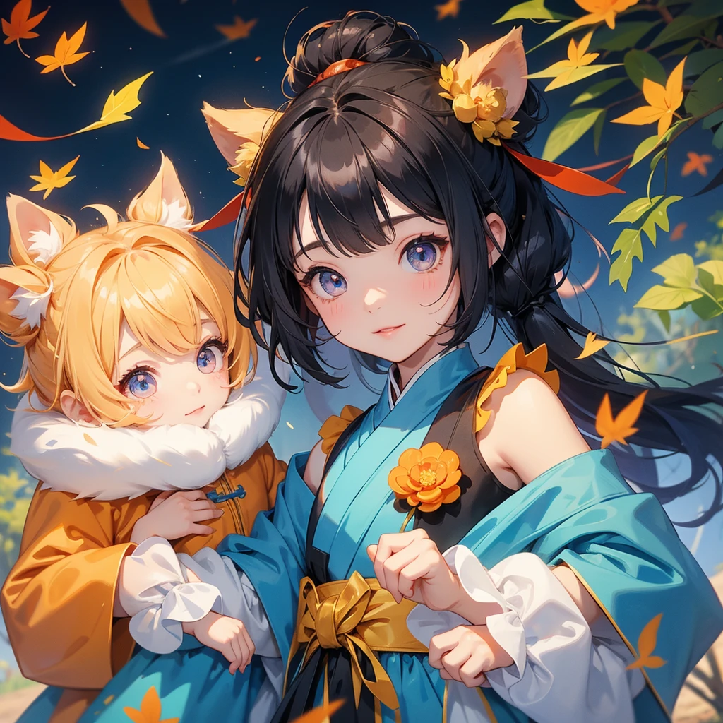 A chibi child girl had a small face and Wearing blue little Taoist priest's outfit. A pair of big round eyes shone with curiosity about him. This child was so cute, The backdrop is a mountain that turns orange-red in spring, and maple leaves fall from the trees.


her hair is black with two buns on her hair.small chibi, chibi baby, smiling ,Chibi.

