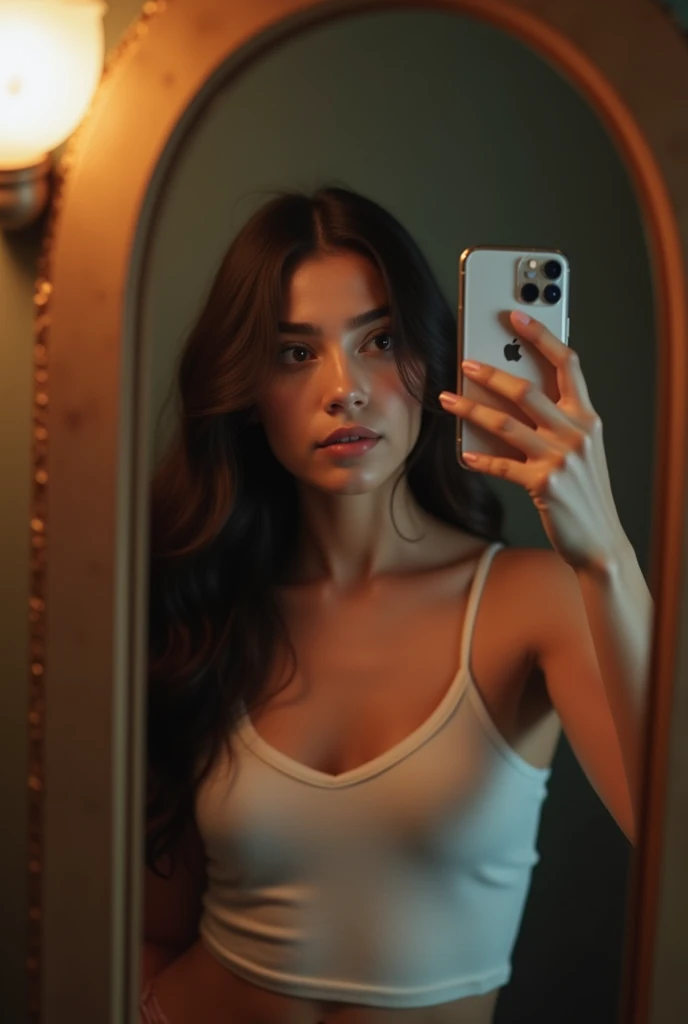 Woman taking a selfie in the mirror、Long Hair,The iPhone 12 Pro hides his entire face、I can't see your face、Beautiful woman、Full Body Shot、Asian guy wearing a tank top