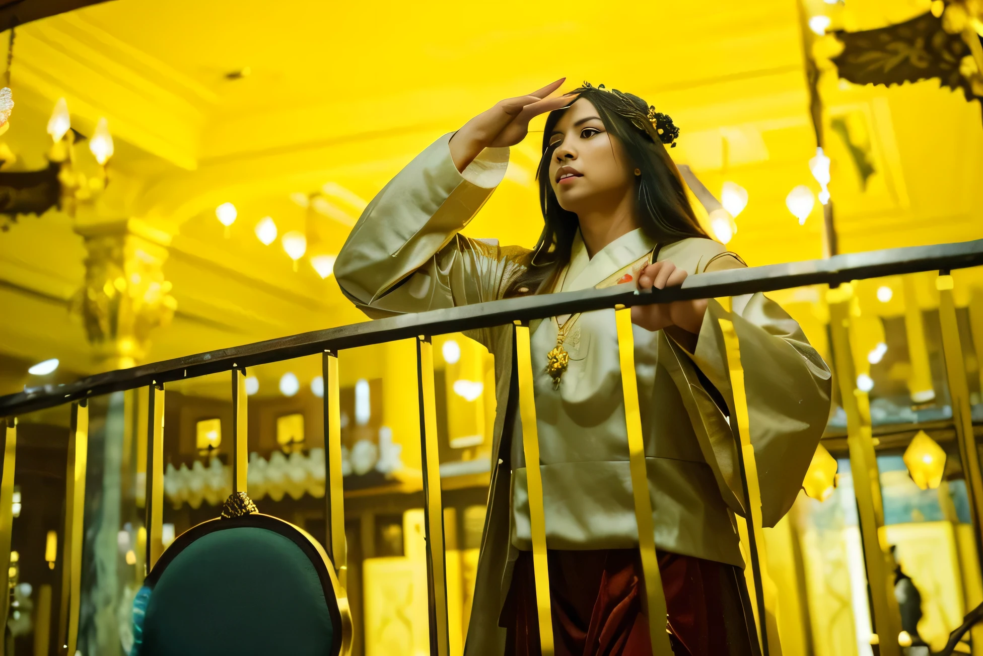 (Best quality, 8k, 32k, Masterpiece, UHD:1.2) Visualize a majestic and grandiose setting within the Imperial Palace of ancient China, where opulence meets meticulous artistry. The halls are expansive, with high ceilings supported by ornately carved wooden pillars, each one painted in rich red and gold hues, symbolizing imperial power. The floors are made of polished marble, reflecting the glow of intricate lanterns hanging from above, casting a warm, golden light. Along the walls, exquisite silk tapestries depict scenes of nature and mythology, adding to the luxurious atmosphere. The air is filled with a faint scent of incense, enhancing the sense of reverence and tradition. The doors are large and imposing, crafted from dark wood and adorned with intricate metalwork. The overall ambiance is one of awe and respect, as this is a place where the most important decisions of the empire are made. There is a sense of both history and authority, with every detail meticulously designed to reflect the grandeur of the imperial court.