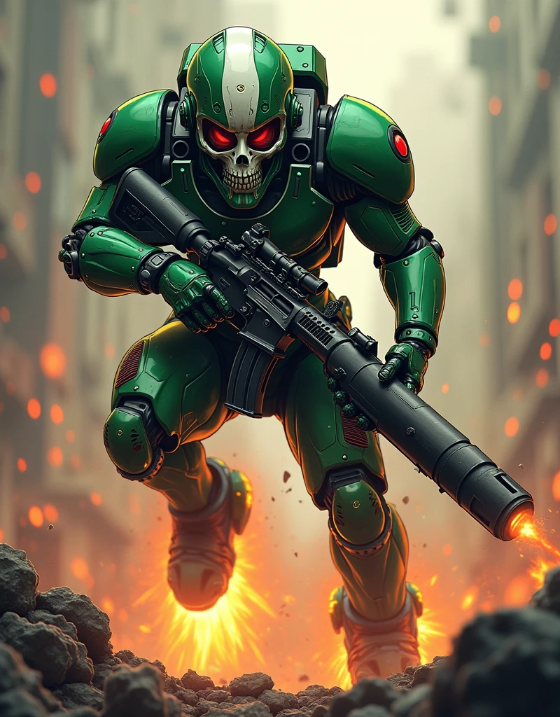“Vector t-shirt design, create a character in a glossy green and white biomechanical mask resembling a skull, with dark, piercing eyes and intricate details. The character is holding a heavy rifle, hovering above a chaotic battlefield with fiery jet-powered boots. The background is filled with blurred debris and biomechanical elements, emphasizing the intense atmosphere. The design should focus on the character’s readiness and determination, capturing the dynamic energy of the battlefield. The overall composition should be highly detailed, with a strong contrast between the glossy armor and the fiery chaos below, making for a striking and powerful t-shirt design.”