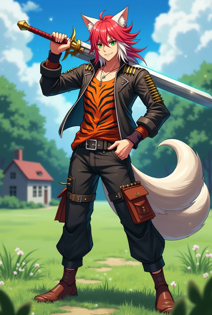 create a male anime character with cat ears human face, long and full red and white mixed hair, greeneyes, hands with long nails wearing a tank top with a tiger print, and a leather jacket with needle-like ornaments on the shoulders, anime style pants full of pockets in blue and green, using a broadsword like a half moon with energy around it shining in emerald green color with 3 fox tails living in an open field with a forest in the background and a small house nearby