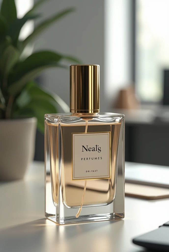 Square clear glass perfume bottle with logo Neal's Perfumes and cylindrical golden cap . The background is office cubicle
