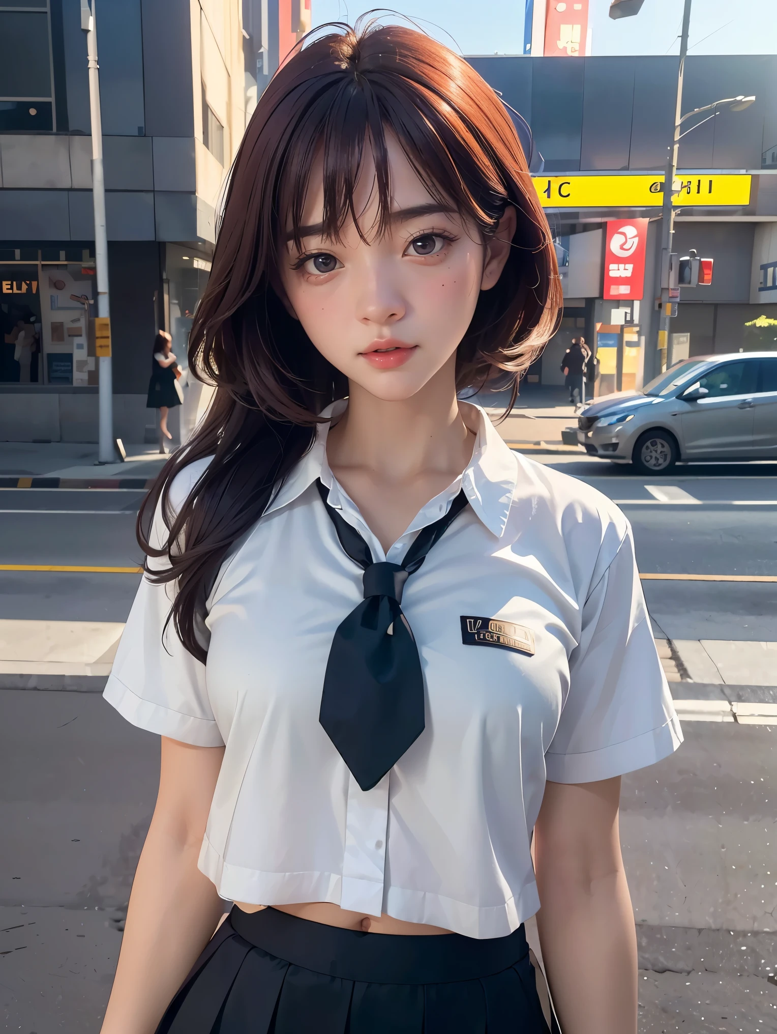 (((realistic photography))),, portrait, (afraid face:1.3),, beautiful girl, looking at viewer, , (school uniform:1.2), shirt buttoned and trousers, , (busty cleavage:1),, in the japan street, (environment details:1.3),, (RAW Photo, cg unity, photography, ultra realistic details, sharp focus, detailed skin,4k, high-res, masterpiece, best quality, realistic, vibrant:1.2),, (8k,4k, UHD, high resolution, professional, cinematic, movie, dramatic),, (anamorphic depth of field blur background), detailed background,