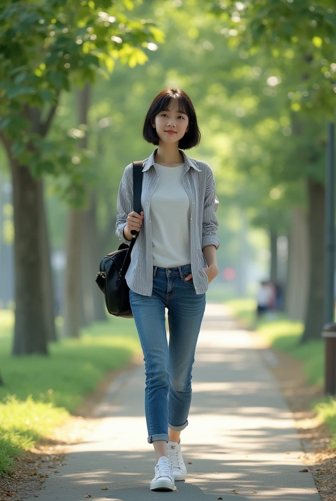 Một cô gái châu Á, tóc ngắn trên vai một xíu, mặc áo thun trắng, quần jean và khoác ngoài bằng áo sơ mi kẻ sọc, mang giày thể thao trắng, lưng đeo ba lô màu đen không quá lớn. Cô ấy đang đi trên con đường rợp bóng cây