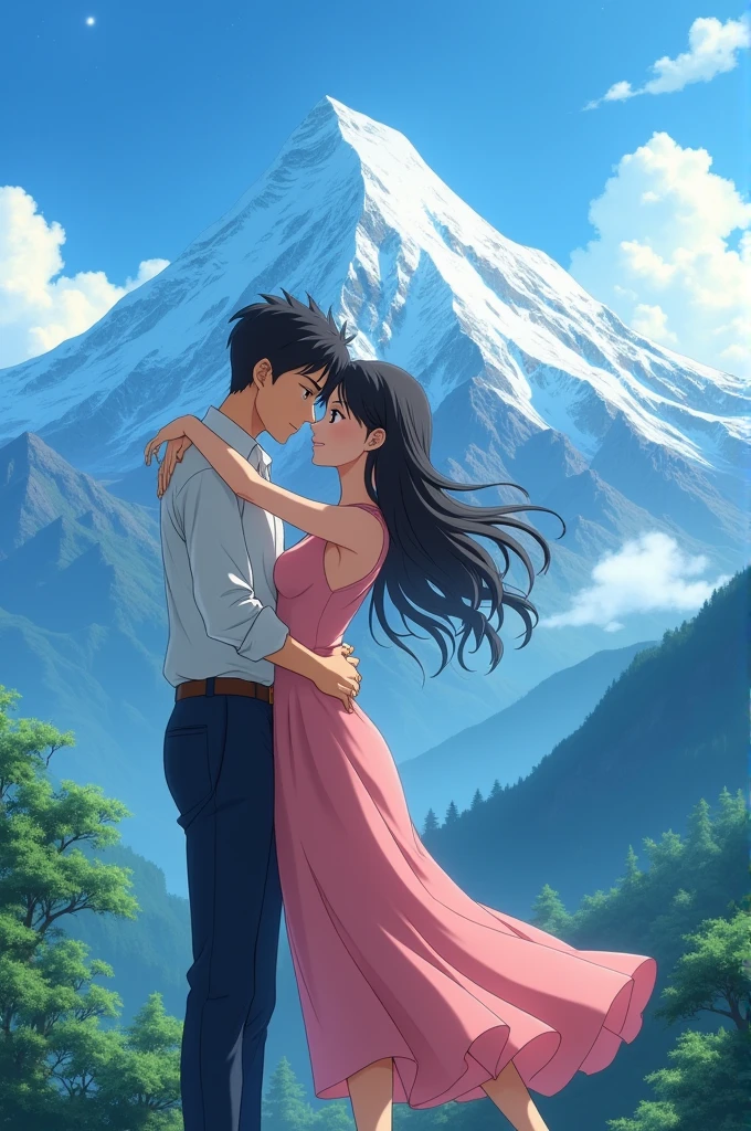 An anime picture of a man hugging a woman behind them is a very beautiful mountain