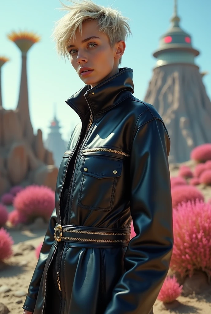 a model with short blonde hair wearing a look from the moschino 2024 collection in an alien setting