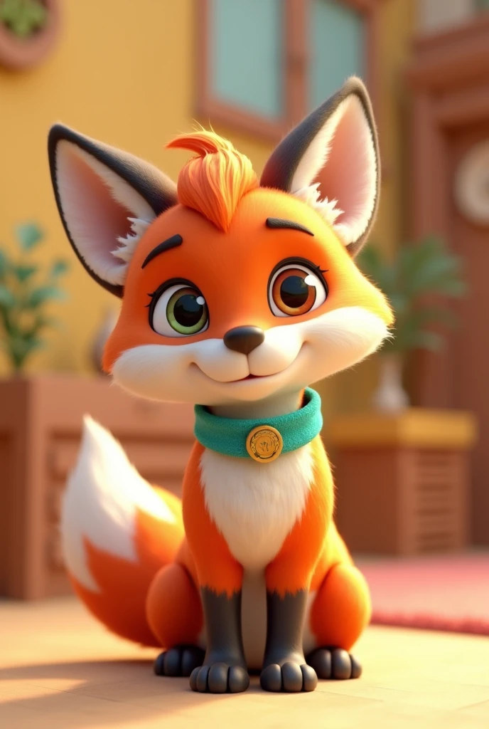 Section Mascot Creation "Pets"
Create a 3D Disney Pixar style fox named Furry Friend Fox. She must exude a loving personality, playful and affectionate, perfect for a section dedicated to pets.
colors: Warm tones of orange and white, with green and blue details to give a fun and welcoming touch.
Accessories: Colorful collar with a small medal in the shape of a bone or paw, pet toys (like a ball or a bone), and maybe a little bow or bandana.
Expressions: Big smile and expressive eyes, transmitting joy and affection.
Activities and Poses:
Playing with pet toys (like a ball or a bone).
Using pet accessories (like a collar or a comfortable bed).
Giving tips on animal care (pointing to a board with tips or showing pet products).
Interactivity on the Website:
Hover animations (opening the ears, taking a little run, or playing with a toy).
Friendly messages with tips on pet care, recommended feeding and toy care.