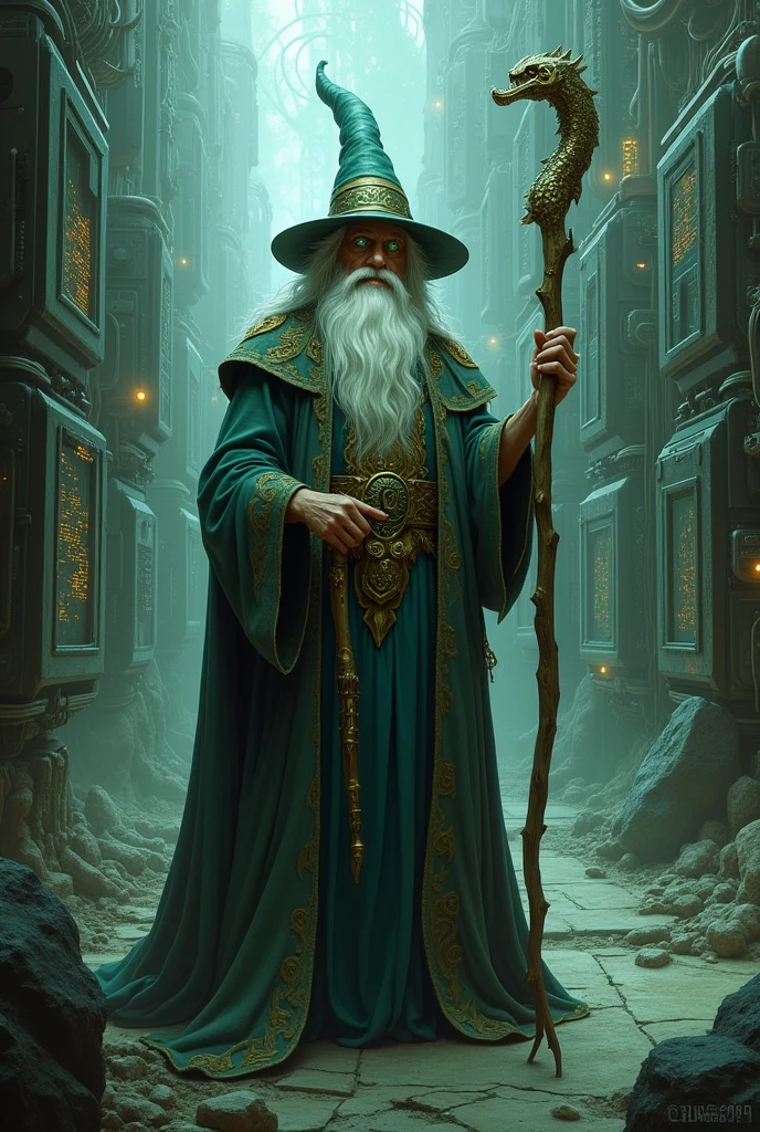 Zeus old style wizard, long white hair, bright green eyes in a pointed hat, wearing old robes, holding a staff with "Froggus" written on it, he is in the middle of futuristic technological servers