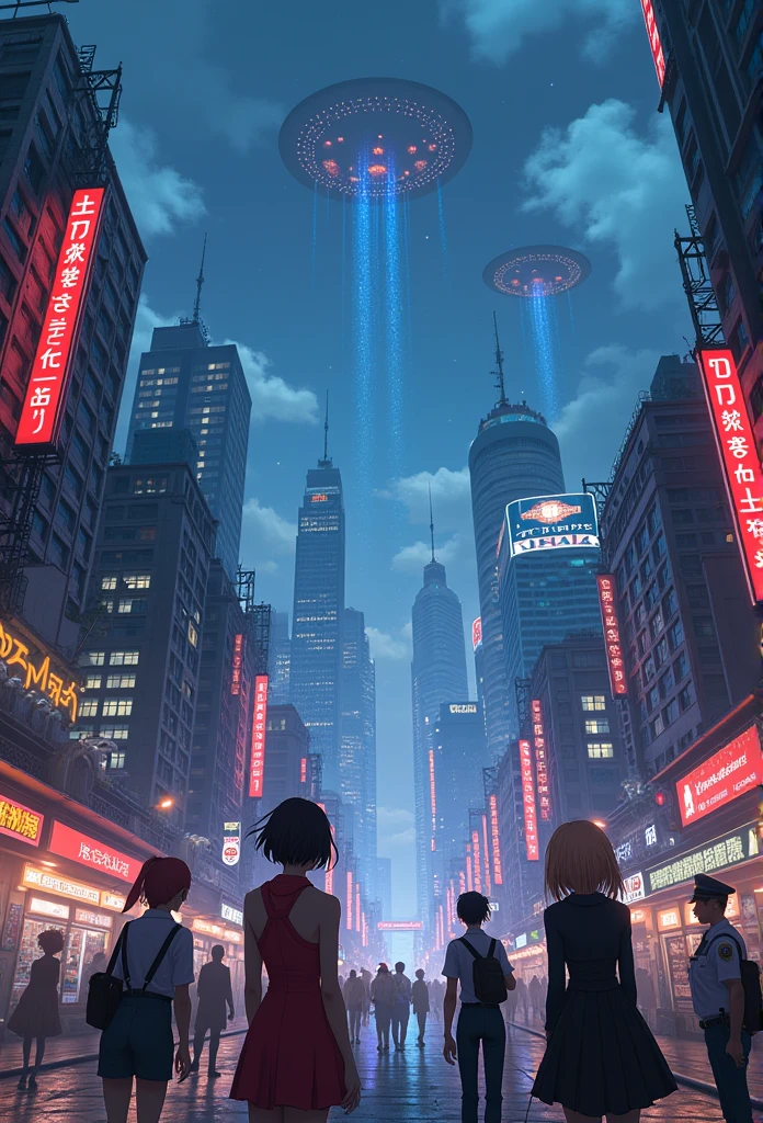 (tmasterpiece、4K、ultra - detailed:1.2)、(anime big breast:1.2)、illustratio、(hentail realism:1)、(Photorealsitic:1)、(Magnificent UFOs in the sky:1.5)、、 in a panoramic view、Perspective:1.4)、(fisheyelens:1.2)、 (Landscapes、outside of house、Cityscape、natta、midynight、on the rooftop、cyber punk perssonage、tar roads、scribble art、Reflectors、Shops、kiosk、walkway、A street、police officers、taxis、benches:1.2)、(skyscraper、Foggy:1.4)、 (pedestrians、Large crowds、One guy:1.3)、 (Neon signs、blue neon lights、Pink neon、Yellow neon signs:1.4)、(super model:1.4)、(Appearance々Hair color)、