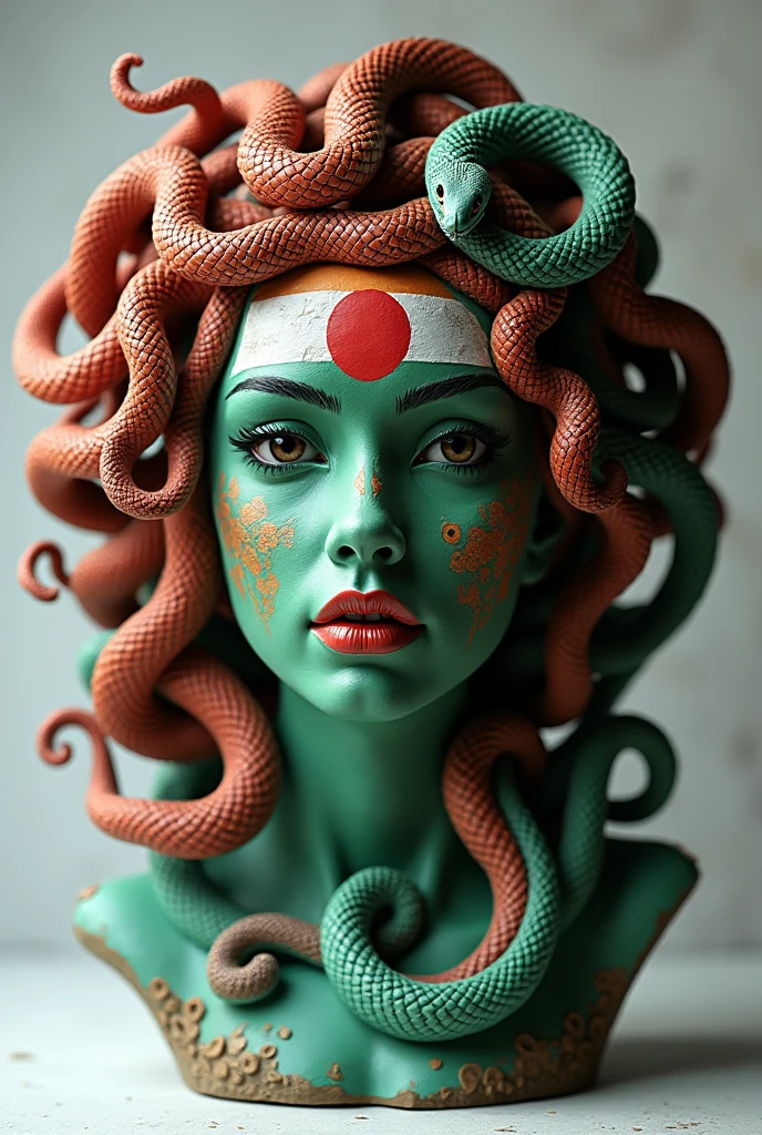 Medusas face sculpture with the face painted in bangladeshi flags color and the snakes in the head representing indias flag in colors