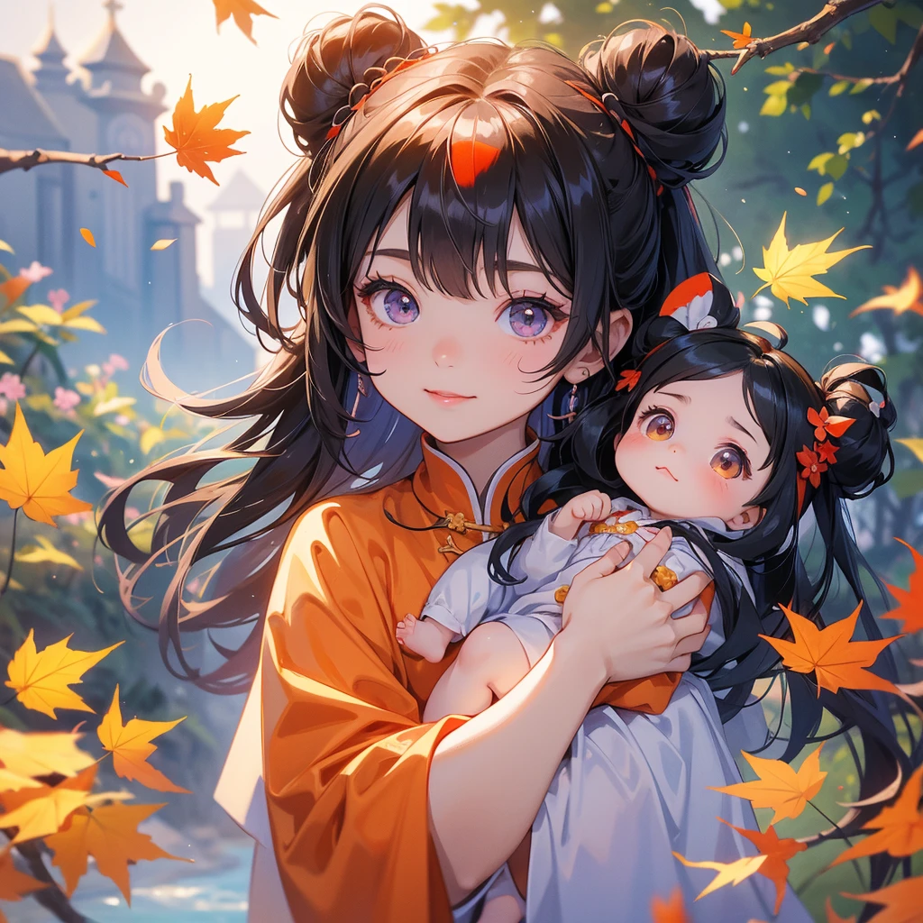 A chibi  girl had a small face and Wearing violet little Taoist priest's outfit. A pair of big round eyes shone with curiosity about him. This childso cute, The backdrop is a mountain that turns orange-red in spring, and maple leaves fall from the trees.


her hair is black with two buns on her hair.small chibibi baby, smiling ,i.

