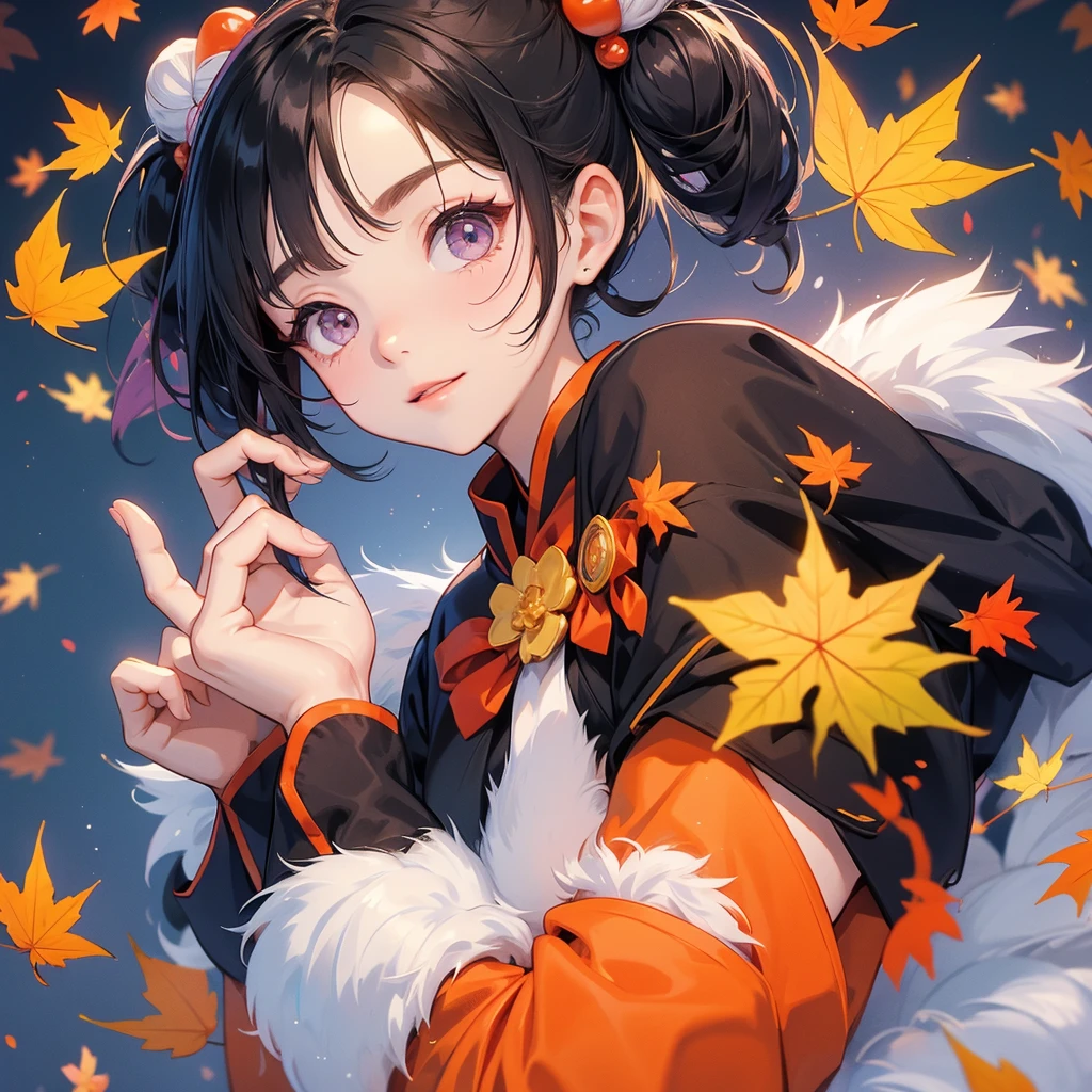 A chibi child girl had a small face and Wearing violet little Taoist priest's outfit. A pair of big round eyes shone with curiosity about him. This child was so cute, The backdrop is a mountain that turns orange-red in spring, and maple leaves fall from the trees.
her hair is black with two buns on her hair.small chibi, chibi baby, smiling ,Chibi.
