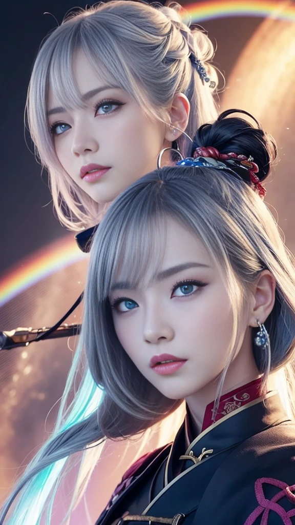 masterpiece, high quality、high resolution、High resolution、wonderful, (CG illustration、8k )、night, Outdoor,  ancient China, ((2 women)), Mature Woman, Blue and white hair color, Gray blue eyes, Pale pink lips, Indifference, 真swordさ, bangs,Surreal Onmyoji、Unrealistic and dynamic assassin, sword, Facial details, Facial details、purple、red、Effect Effects、Surrounded by a rainbow aura、