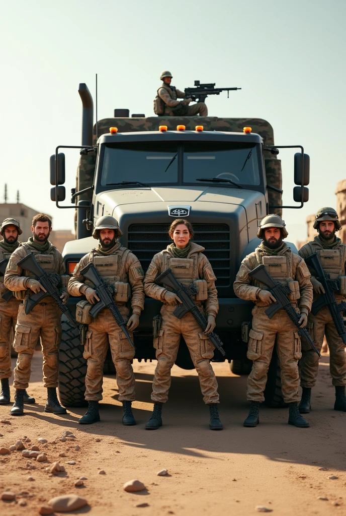 Alafed truck with gun on back, Afghan fighters, French special forces, heavily armed, Taliban, Kurdish soldiers, heavily armored, military vehicle, military weapons, military equipment, truck, camouflage, special forces security, modern military equipment, carrying rifle, gun mounted on shoulder, gun posing in front of truck A female soldier, ((masterpiece, highest quality, Highest image quality, High resolution, photorealistic, Raw photo, 8K)), ((Extremely detailed CG unified 8k wallpaper)), (huge stunning goddess shot, very hot and sexy, jaw-dropping beauty, perfect proportions, beautiful body, slim body beauty:1.4),