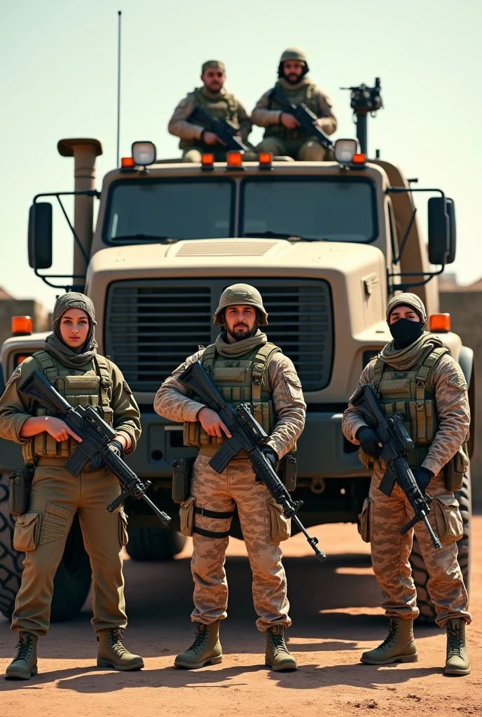 Alafed truck with gun on back, Afghan fighters, French special forces, heavily armed, Taliban, Kurdish soldiers, heavily armored, military vehicle, military weapons, military equipment, truck, camouflage, special forces security, modern military equipment, carrying rifle, gun mounted on shoulder, gun posing in front of truck A female soldier, ((masterpiece, highest quality, Highest image quality, High resolution, photorealistic, Raw photo, 8K)), ((Extremely detailed CG unified 8k wallpaper)), (huge stunning goddess shot, very hot and sexy, jaw-dropping beauty, perfect proportions, beautiful body, slim body beauty:1.4),