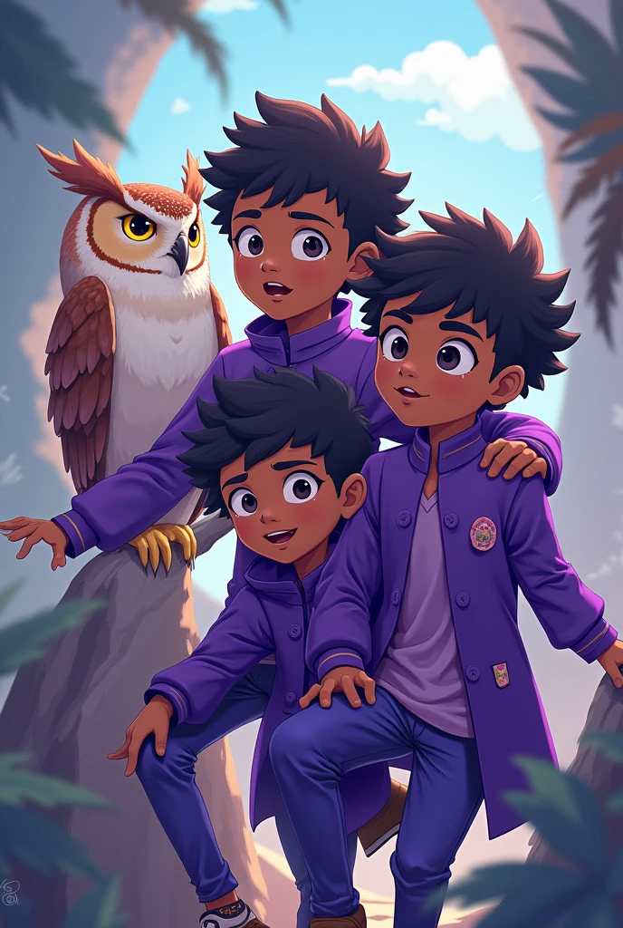 アニメ,three black boys dressed in purple and an owl