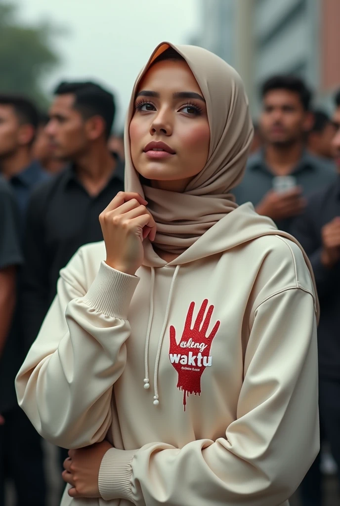 A hijaber indonesian pretty woman, wearing a cream hoodie with a strong vector design featuring a silhouetted image of a five-fingered palm in white colour with red love and starlight. The phrase "ELENG LIMO WAKTU" is displayed in bold simple elegand, distressed typography with pastel colours, while holding her hoodie, wearing hijab, one-handed pose pointing upwards, in a public place, surrounded by many men, big breasts, sexy model, jav idol, with a frontal shooting angle, very realistic, (complex detail: 0.9), (hdr, hyperdetail: 1.2), RAW, Sony Alpha a9 II, 24-105mm f/4, HDR,