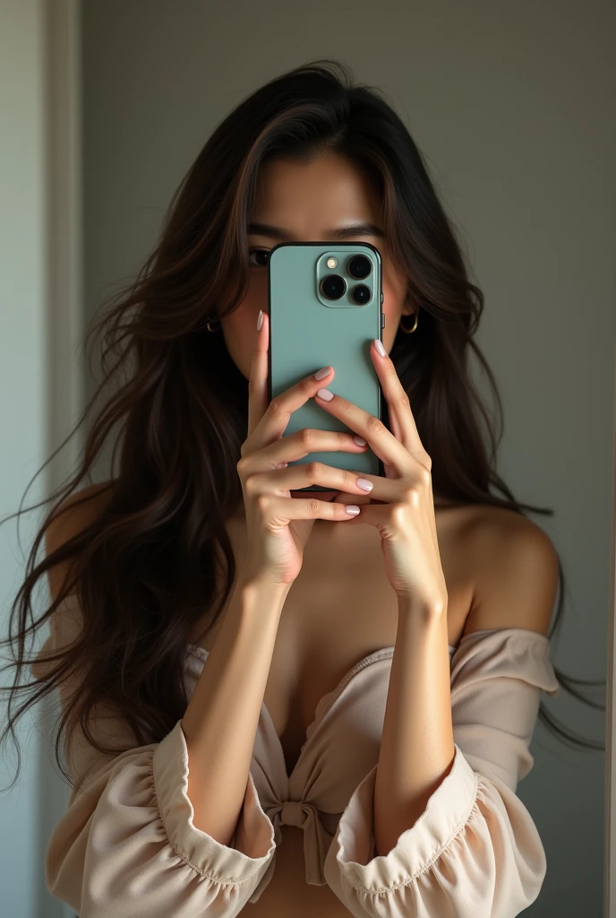Woman taking a selfie in the mirror、Long Hair,The iPhone 12 Pro hides his entire face、I can't see your face、Beautiful woman、Full Body Shot、Asians wearing off-the-shoulder tops