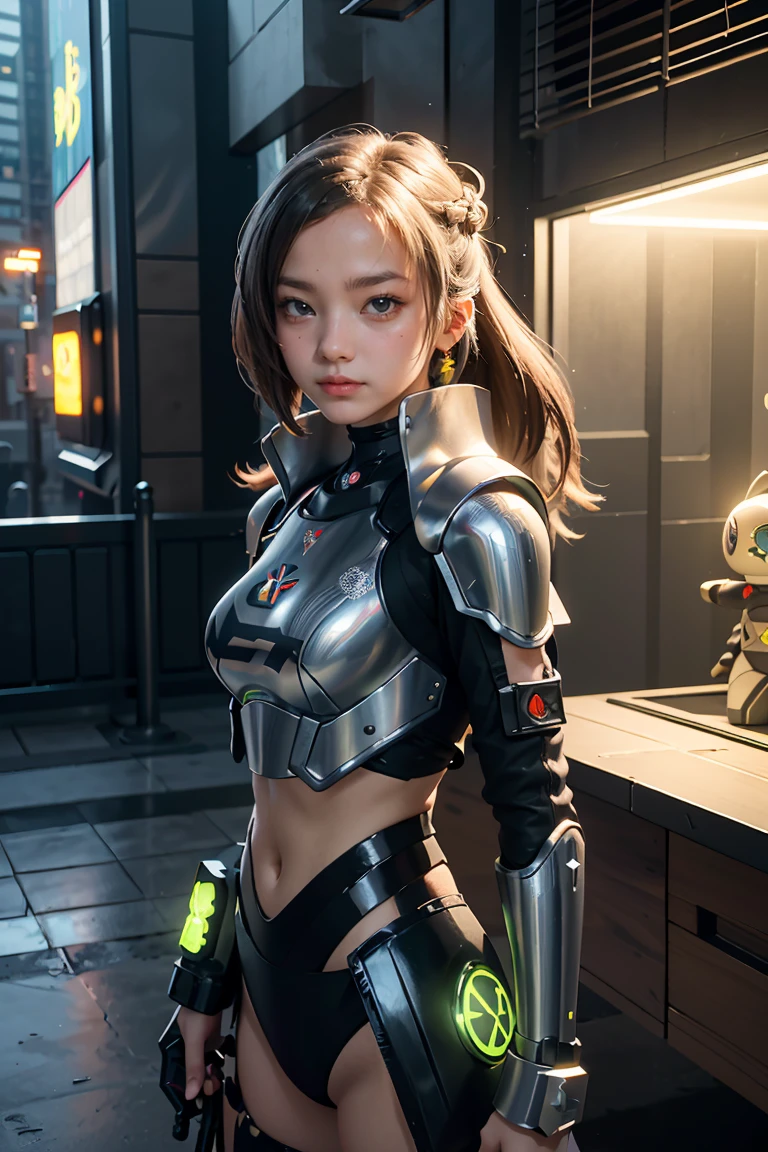 game art，Best picture quality，highest resolution，8ก，((half length photograph))，((Portrait))，(Third rule)，Unreal Engine 5 rendering works， (future girl)，(Female warrior)， 22 year old young hacker)，(ancient oriental hairstyle)，(Beautiful eyes full of details)，(big breasts)，(eyelid)，elegant and charming，indifferent，((frown))，(A battle suit filled with futuristic technology.，The outfit combines futuristic power armor and，The clothes are decorated with glittering patterns and symbols.)，Cyberpunk characters，In the form of the future， Posing for pictures，city background，lamp，Ray Tracing，CG game，((Real 3D engine))，OC rendering format