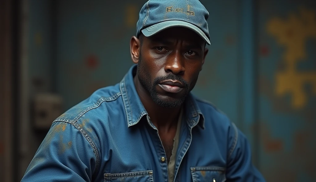 realistic tired black man wearing blue work uniform with cap show full body